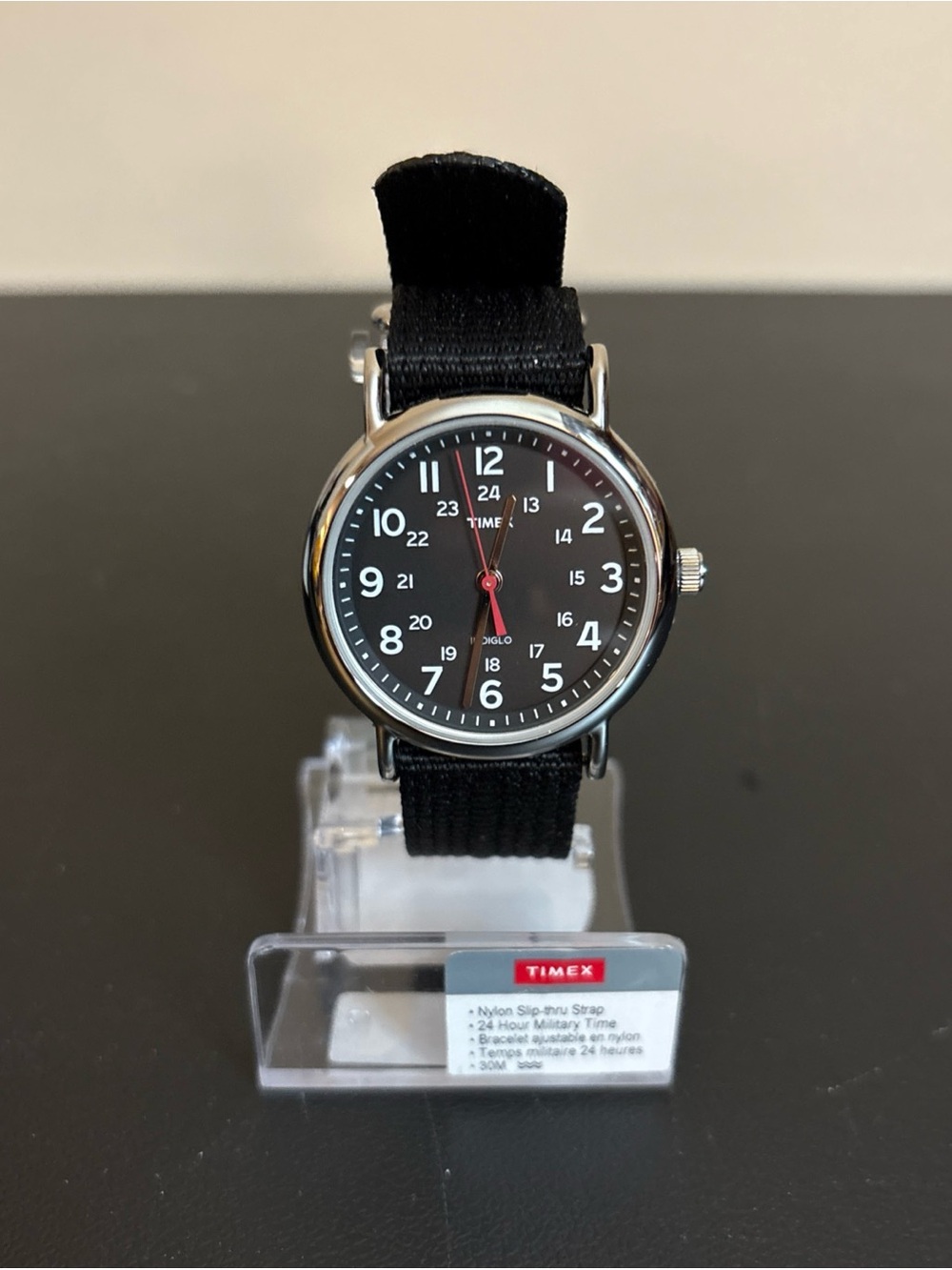 Timex Black Dial Weekender Watch with Nylon Band displays Military Time